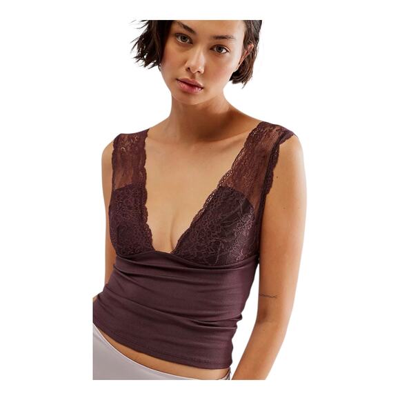 FREE PEOPLE Women's S Power Play Cami Top Bittersweet Brown Lace Ribbed Soft NEW - Picture 1 of 12